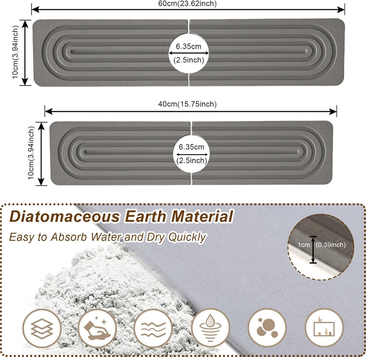 Faucet Mat for Kitchen Sink, Diatomite Super Absorbent Fast Drying Stone Sink Tray for Bathroom Kitchen Sink Splash Guard(Square Dark Grey,15.7x3.9in)