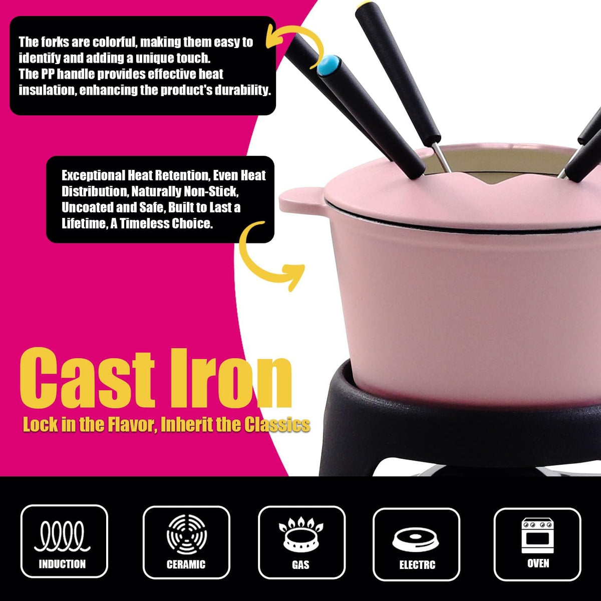 Artestia Cast Iron Cheese Fondue Pot Set for Chocolate Swiss Fondue Set Camping Fondue Set with 6 Fondue Forks, 11-Piece Cheese Fondue Set Serve 6 Persons (Pink)