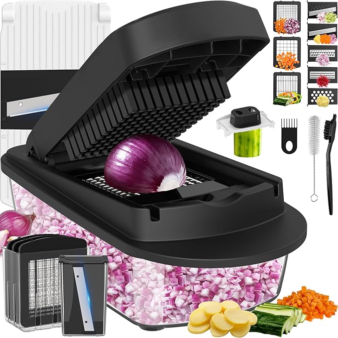 8 Blade All-in-1 Vegetable Chopper Mandoline Slicer with Container, Food Chopper, Onion Chopper, Veggie Cutter for Salad, Kitchen Gadgets Accessories Essentials, Black