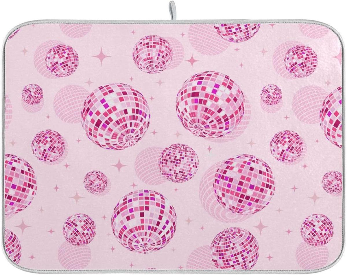 Disco Balls Pink Dish Drying Mat for Kitchen Counter Absorbent Microfiber Drying Pad, Medium 16x18 in, Reversible Drainer Mats