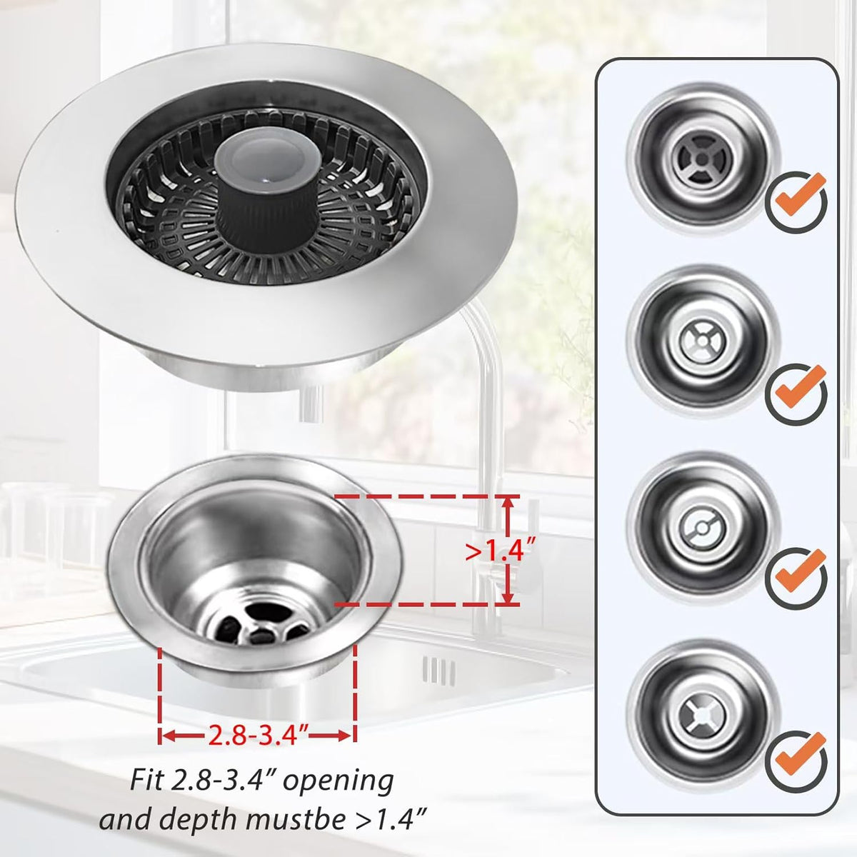 Kitchen Sink Drain Strainer, 3 in 1 Pop Up Kitchen Sink Stopper, with An Extra Basket Strainer, Universal for US Standard 3-1/2 Inch, Chrome Silver