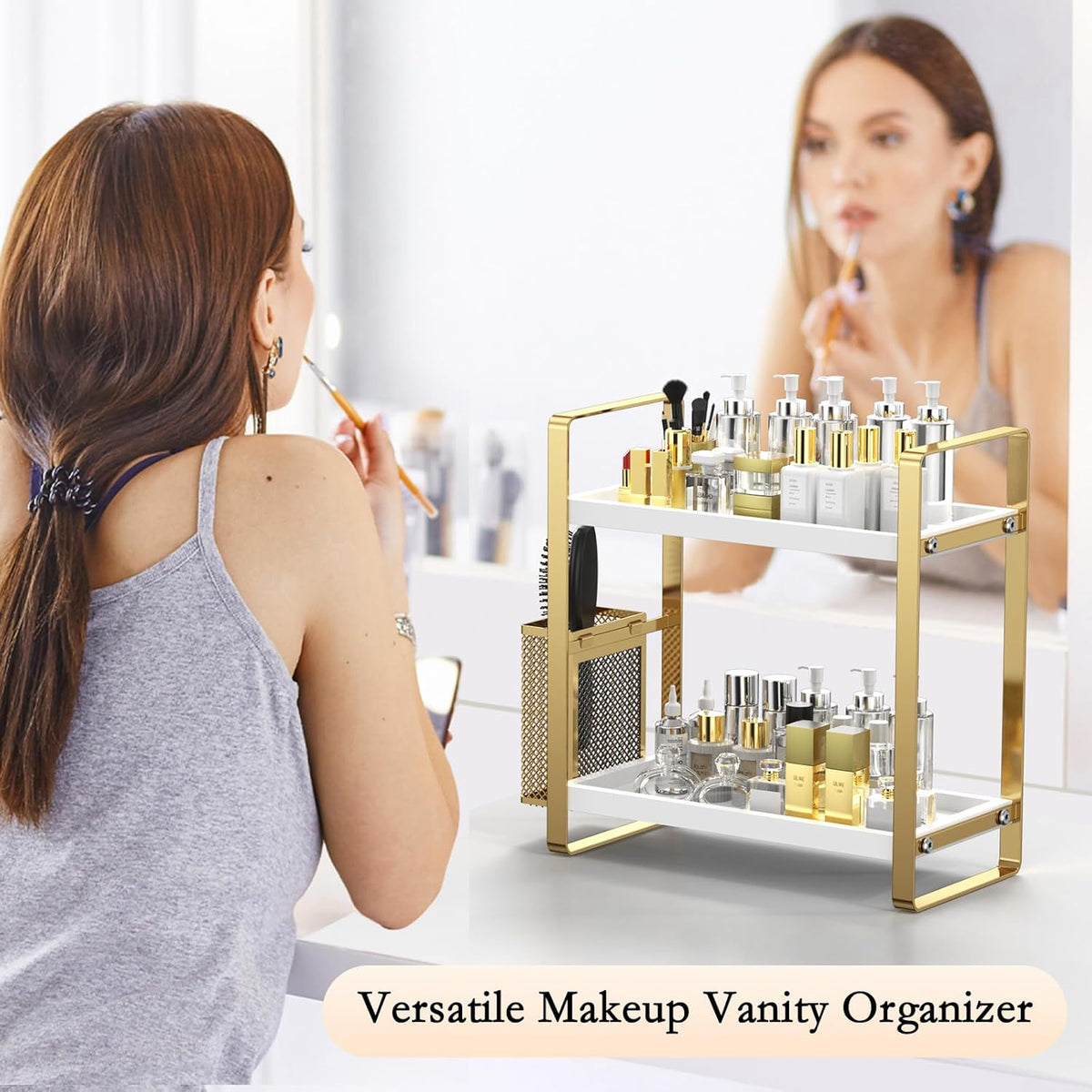 Bathroom Counter Organizer, Wood Vanity Trays with Basket, Skincare Countertop Organizers, Large Capacity Makeup and Perfume Organizer