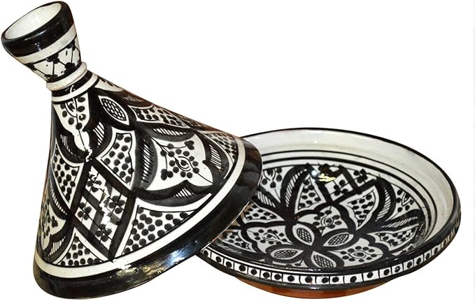 Moroccan Handmade Serving Tagine Ceramic With Vivid colors Original 10 Inches in Diameter Black & White