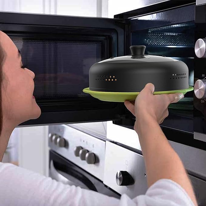 Microwave Cover for Food, Silicone and Glass Splatter Guard Lid for 6–7–8–9-10-11-12 inch Plates & Bowls. By EZY ACTIVE.