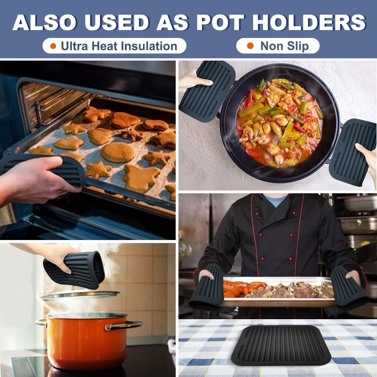 Walfos Trivets for Hot Dishes, Multi-Purpose Silicone Pot Holders, Hot Pads for Kitchen Hot Pots and Pans, Heat Resistant Silicone Mats for Kitchen Countertops, Non-Slip, 2 Pack, Black