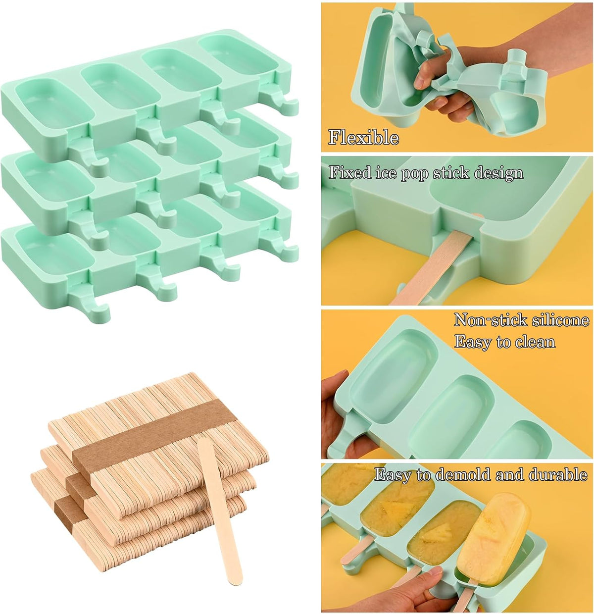 Sakolla Large Popsicle Silicone Molds Set, 3 Pcs 4 Cavities Oval Homemade Ice Cream Molds with 150 Wooden Sticks for Ice Pop, Cakesicles, Cake Pop (Green)