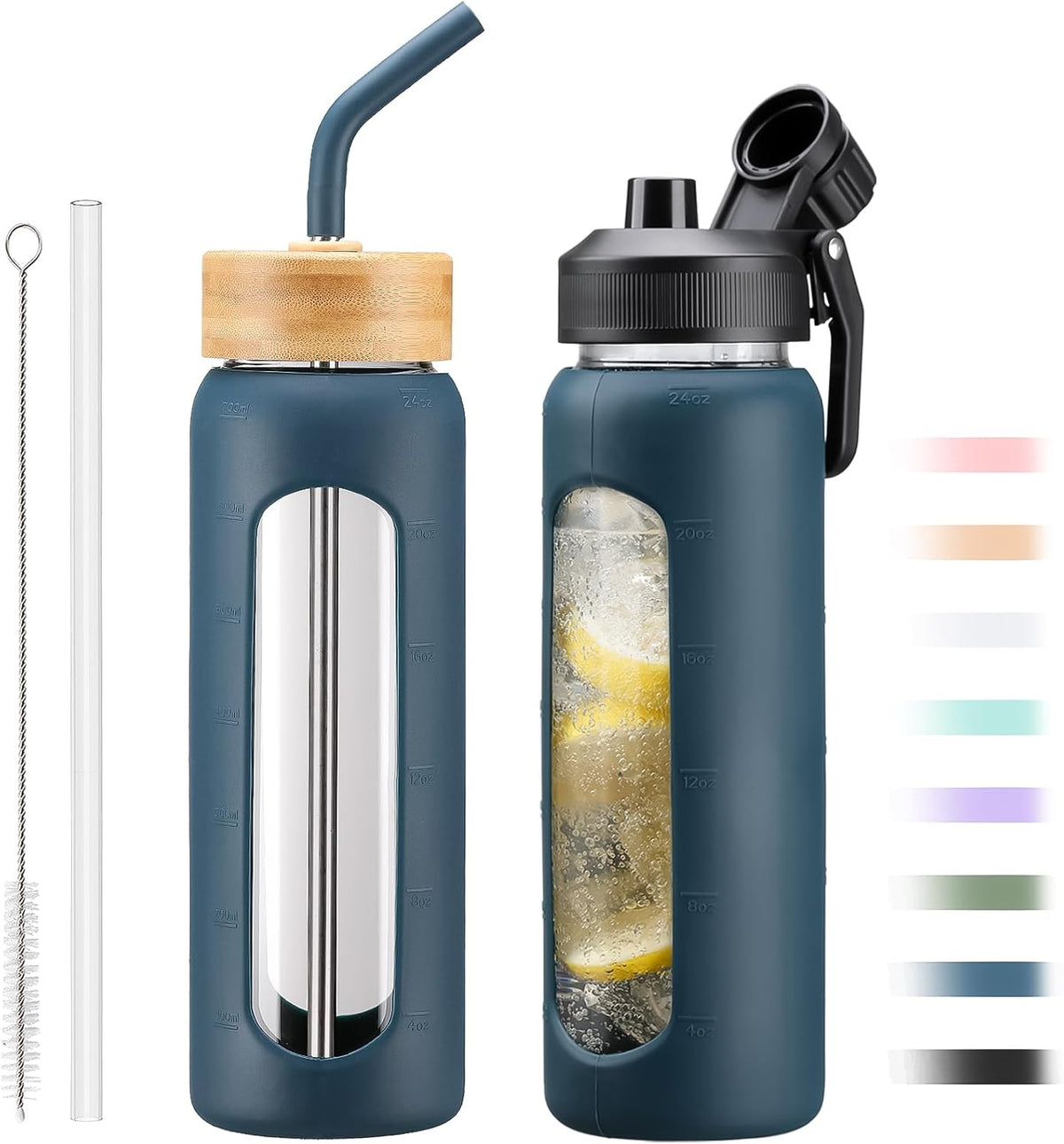 Glass Water Bottle with Straw, 24oz Glass Drinking Bottle with 2 Lids-Bamboo and Spout Lid with Phone Holder Handle for Gym Sports,with Silicone Sleeve and Time Marker,Dark Blue