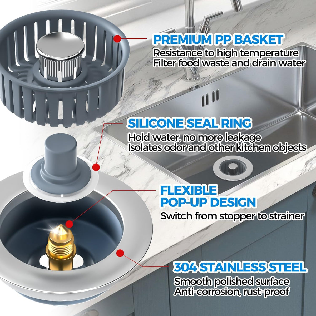 zaa Kitchen Sink Drain Strainer - Kitchen Sink Stopper, Stainless Steel Kitchen Drain Plug & Cover with Anti-Clogging Basket Strainer, Fit US Standard 3-1/2'' Sink Drain Hole, Silver