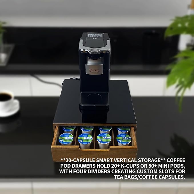 Tempered Glass and Natural Wood Coffee Pod Drawer Organizer - 20 Capsule Multifunctional K Cup Storage | Countertop Coffee Station Organizer for Home/Office (Black)
