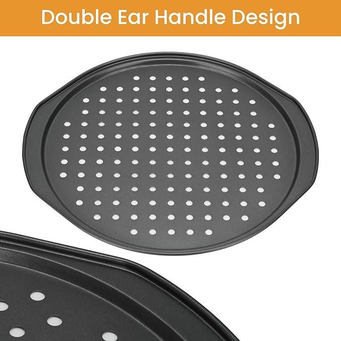 13 Inch Pizza Pan for Oven, 2 Pack Round Pizza Pan with Holes Non-sticking Carbon Steel Pizza Tray with Handles Pizza Baking Pan for Cooking and Grilling Oven Safe