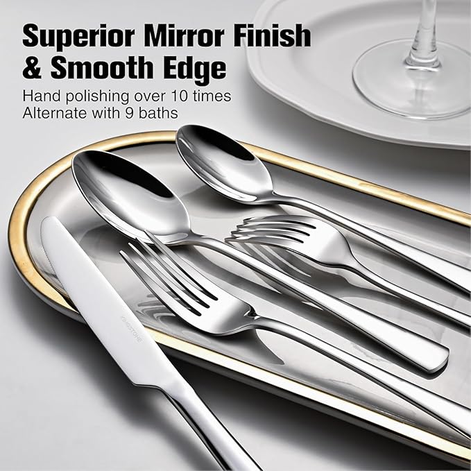 KINGSTONE 18/10 Stainless Steel Flatware, 5-Piece Forged Silverware Set for 1, Mirror Polished Cutlery Set Dishwaher Safe for Home, Restaurant, Wedding, Party