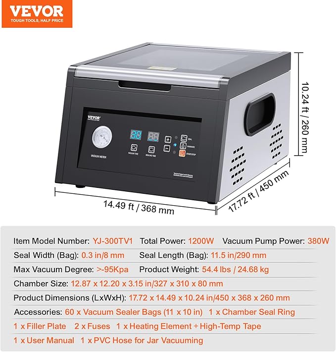 VEVOR Chamber Vacuum Sealer, 380W Vacuum Pump Power, Sealing Bag Packing Machine for Wet Foods, Meat, Compact Design with 11.5 in Sealing Length, Ideal Commercial Sealer for Professional and Home Use