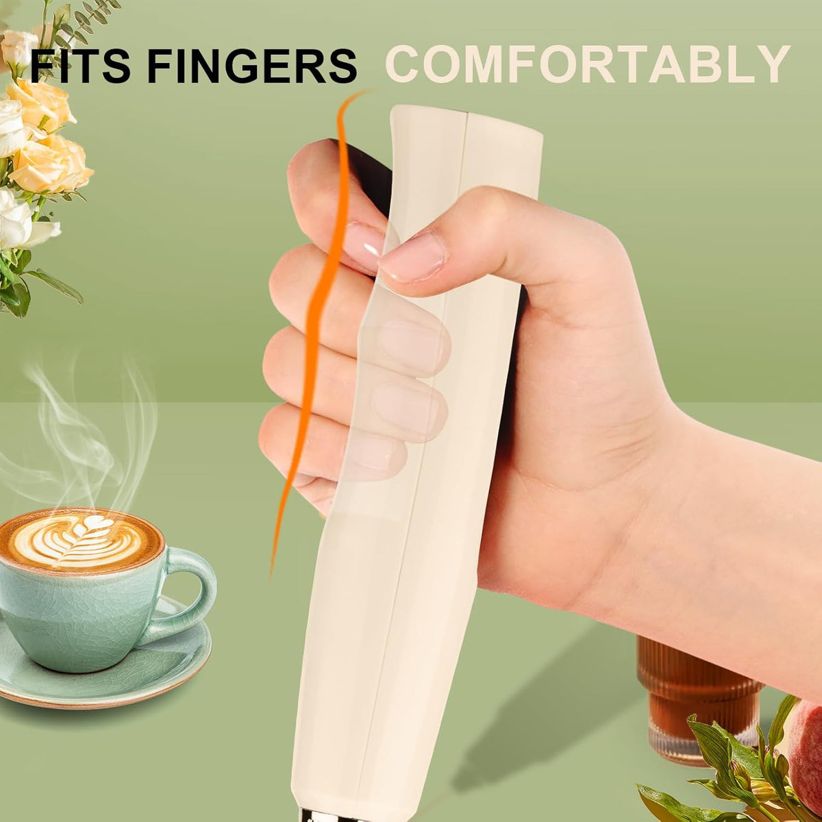 YUSWKO Beige Handheld Milk Frother Wand for Coffee, Rechargeable Electric Whisk with 3 Heads 3 Speeds Drink Mixer Coffee Frother For Latte, Cappuccino, Hot Chocolate, Egg