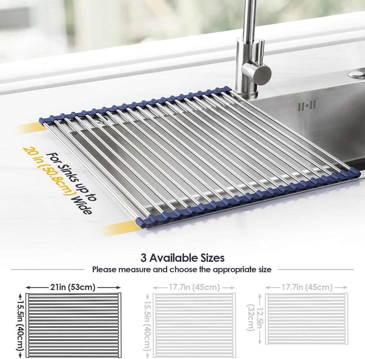 Tomorotec 21" x 15.5" Roll Up Dish Drying Rack Over Sink Drying Rack Sink Cover Kitchen Sink Accessories Gadget Multipurpose Organizer Foldable Stainless Steel Drainer