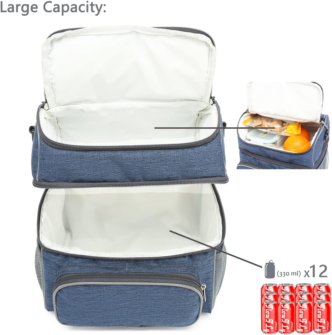 FlowFly Double Layer Cooler Insulated Lunch Bag Adult Lunch Box Large Tote Bag for Men, Women, With Adjustable Strap,Front Pocket and Dual Large Mesh Side Pockets