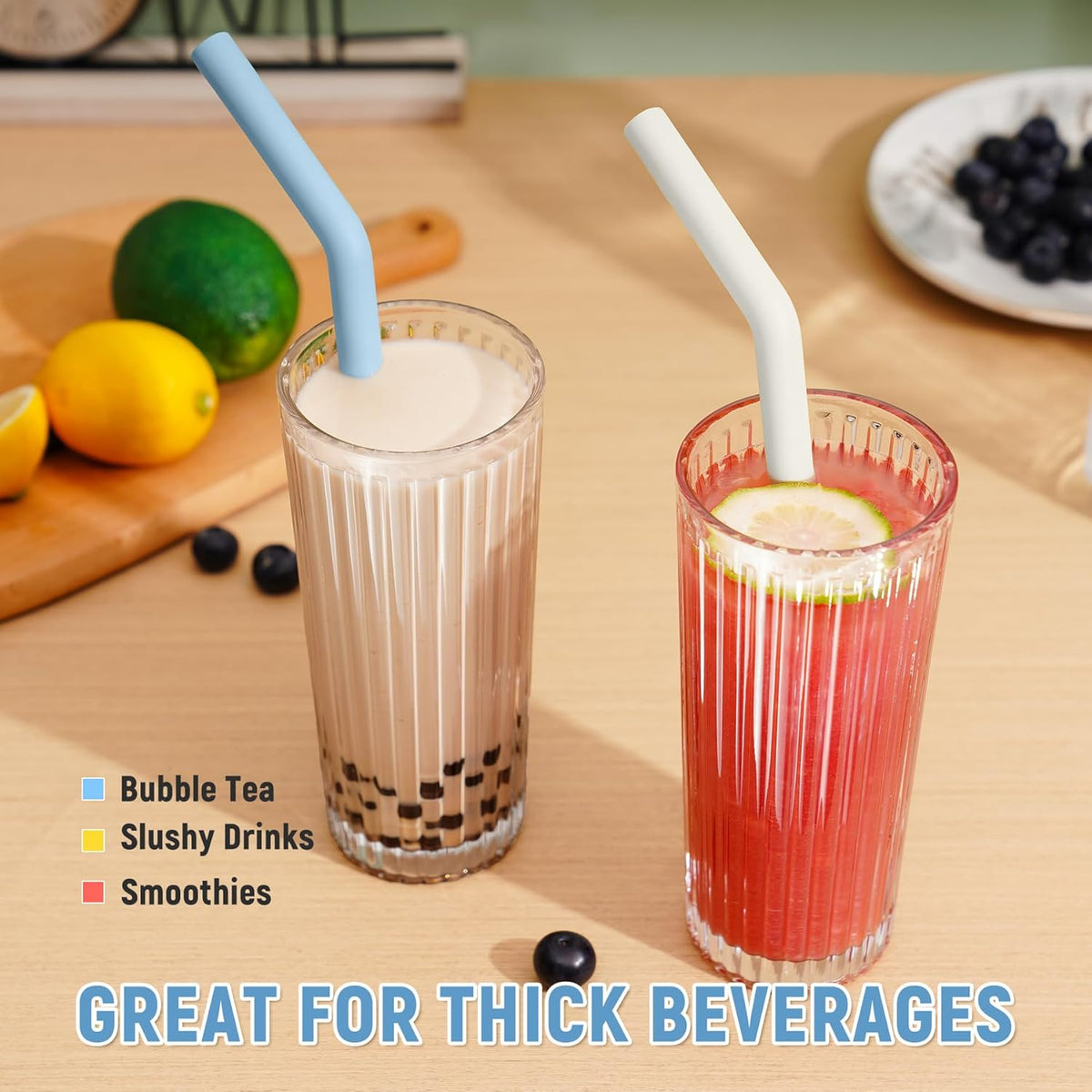 NiHome 6PCS Extra Wide Reusable Bent Silicone Straws for Boba, Smoothies, Bubble Tea, Bent Straws for Thick Drinks, Child-Safe, Customizable Length, 2 Brushes Easy Cleaning (Ocean Colors)