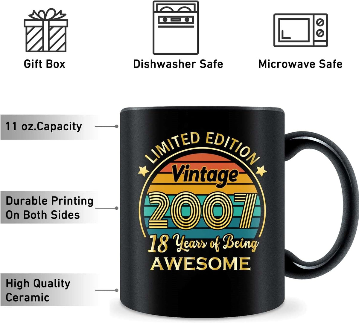 QUPT 18th Birthday Gifts for Girls Boys, 18th Birthday Gifts for Him, 2007 Birthday Gifts for Girls Boys, 18 Years Old Gifts, 2007 Birthday Gifts for Her Him, 18th Birthday Presents Coffee Mug