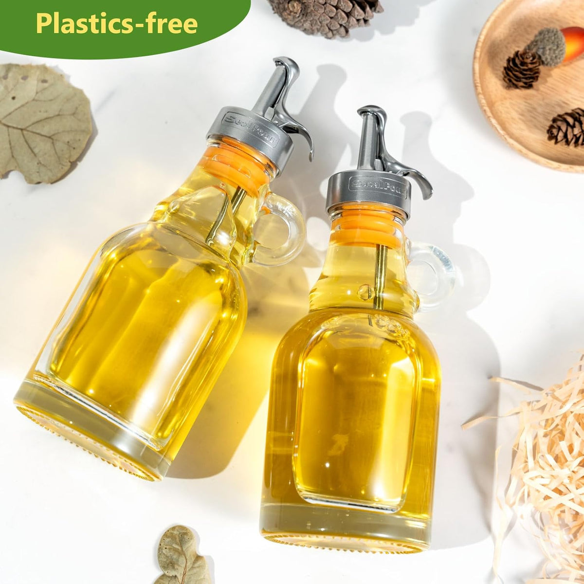 Olive Oil Dispenser Bottle,Glass Oil Dispenser with Stainless Steel Spouts,Oil Bottles for Kitchen, Dispenser Bottle with Drip Free Spouts (2pcs) 12 oz