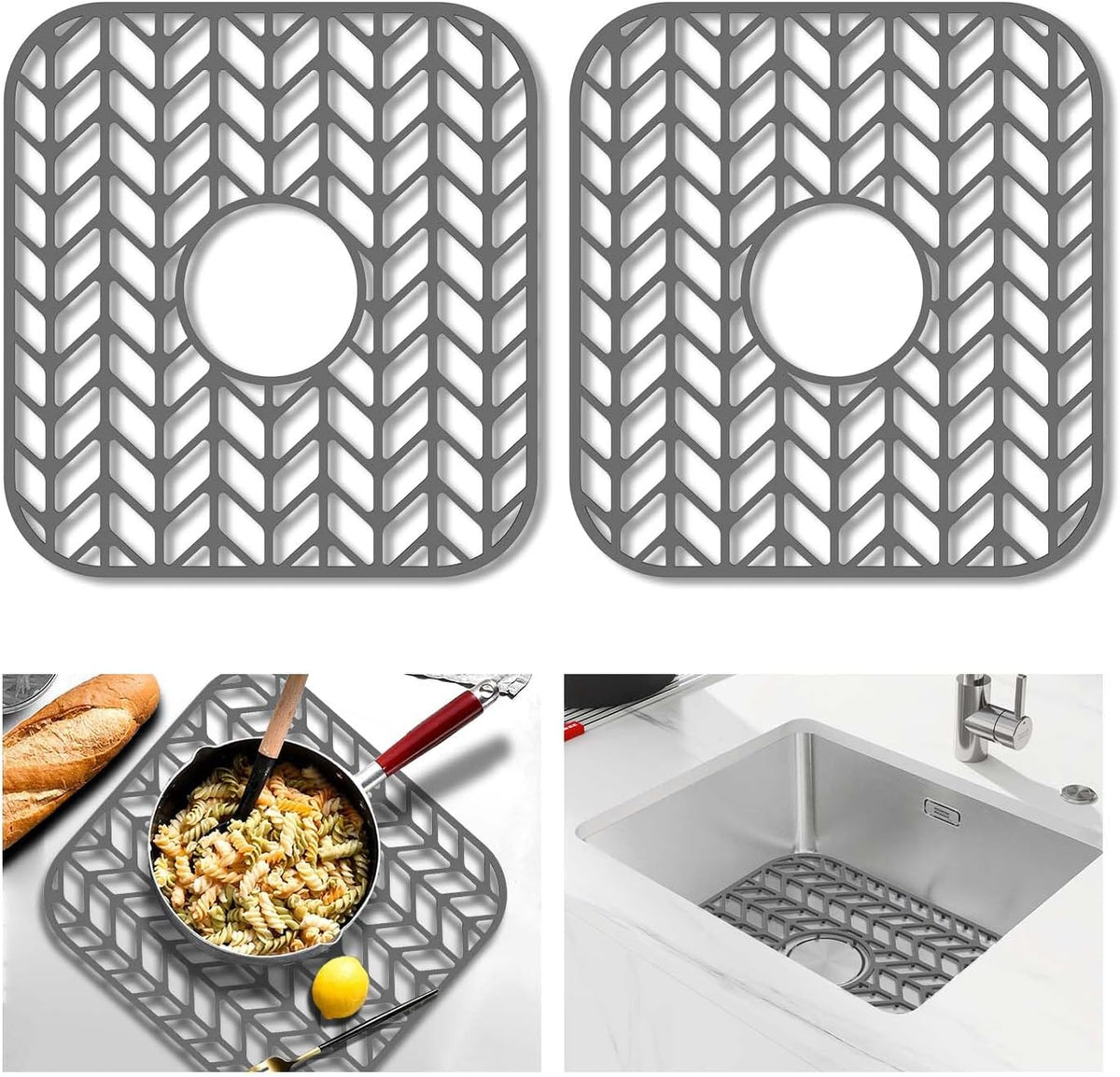 GUUKIN Sink Protectors for Kitchen sink, 12.25"x 11.5" Folding Non-slip Silicone Sink Mat Grid for Bottom of Farmhouse Stainless Steel Porcelain with Central Hole Pack of 2