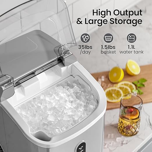 AGLUCKY Nugget Ice Makers Countertop,Portable Pebble Ice Maker Machine with Chewable Ice,One-Click Operation,Self-Cleaning for Home/Office(Grey)