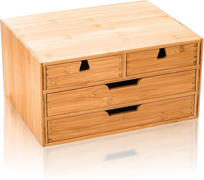 DEAYOU Bamboo Desk Organizer, 100% Natural Bamboo Desktop Drawer Organizer, Tabletop Storage Cabinet Organization Box with 4 Drawers for Makeup, Letter, Home Office Supplies, 3-Layer, Fully Assembled