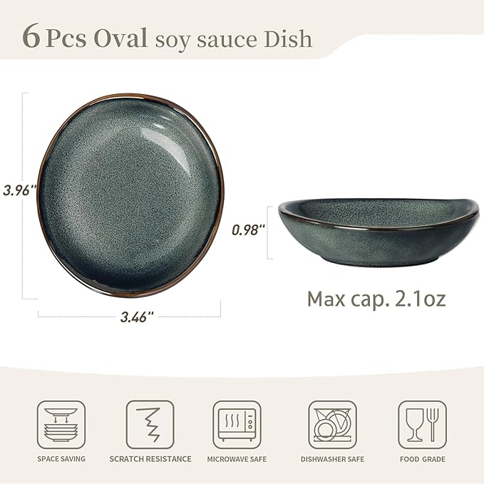 famiware Ocean Soy Sauce Dishes of 6, Oval Dipping Sauce Cups/Bowls/Dishes for Kitchen, 2.1oz Ceramic Small Bowls for Side Dish, Appetizers, Snacks, and Sushi, Reactive Glaze, Deep Forest