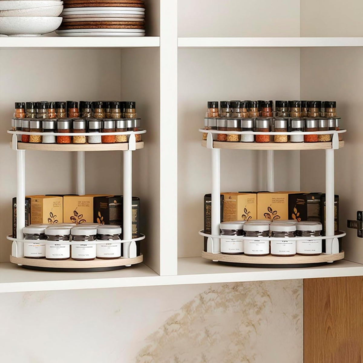Lazy Susan Organizer, Rotating Spice Rack, 2 Tier Spice Turntable Organizer, Industrial Turntable Spice Holder, for Kitchen Countertop, Compact and Versatile, White and Light Oak SR22WG