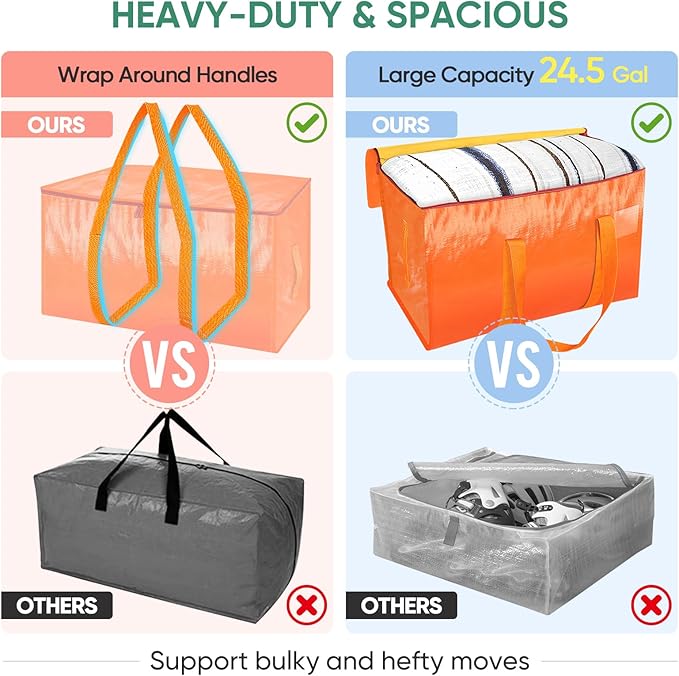 BALEINE 2-Pack Oversized Moving Bags with Reinforced Handles, Heavy-Duty Storage Tote for Clothes, Moving Supplies (Orange, 2-Pack)