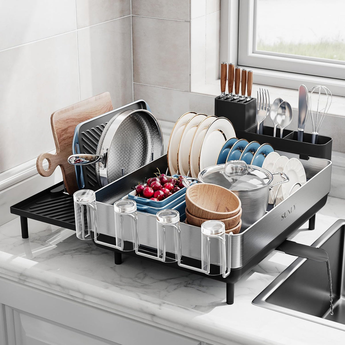 SUNLY Large Dish Drying Rack, Expandable Dish Racks for Kitchen Counter, Space Saving 304 Stainless Steel Drying Rack Kitchen, Extra Large Drainer with Multifunctional Flip Up Pegs, Black