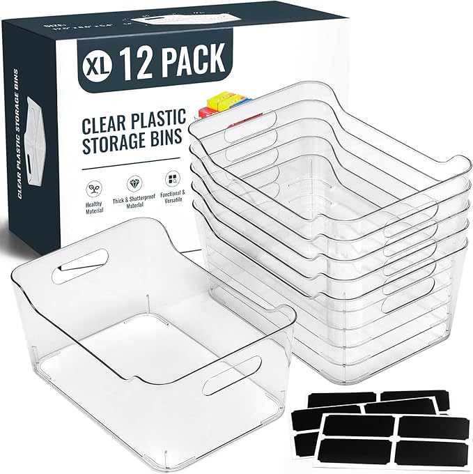 12 PACK Multi-Use Clear Plastic Storage Bins for Organizing w/ Labels - Home, Kitchen, Pantry, Bathroom, Office, Cabinet Shelf Organizer Bins - SOHO Collection, RV, Fridge Organization Containers -XL