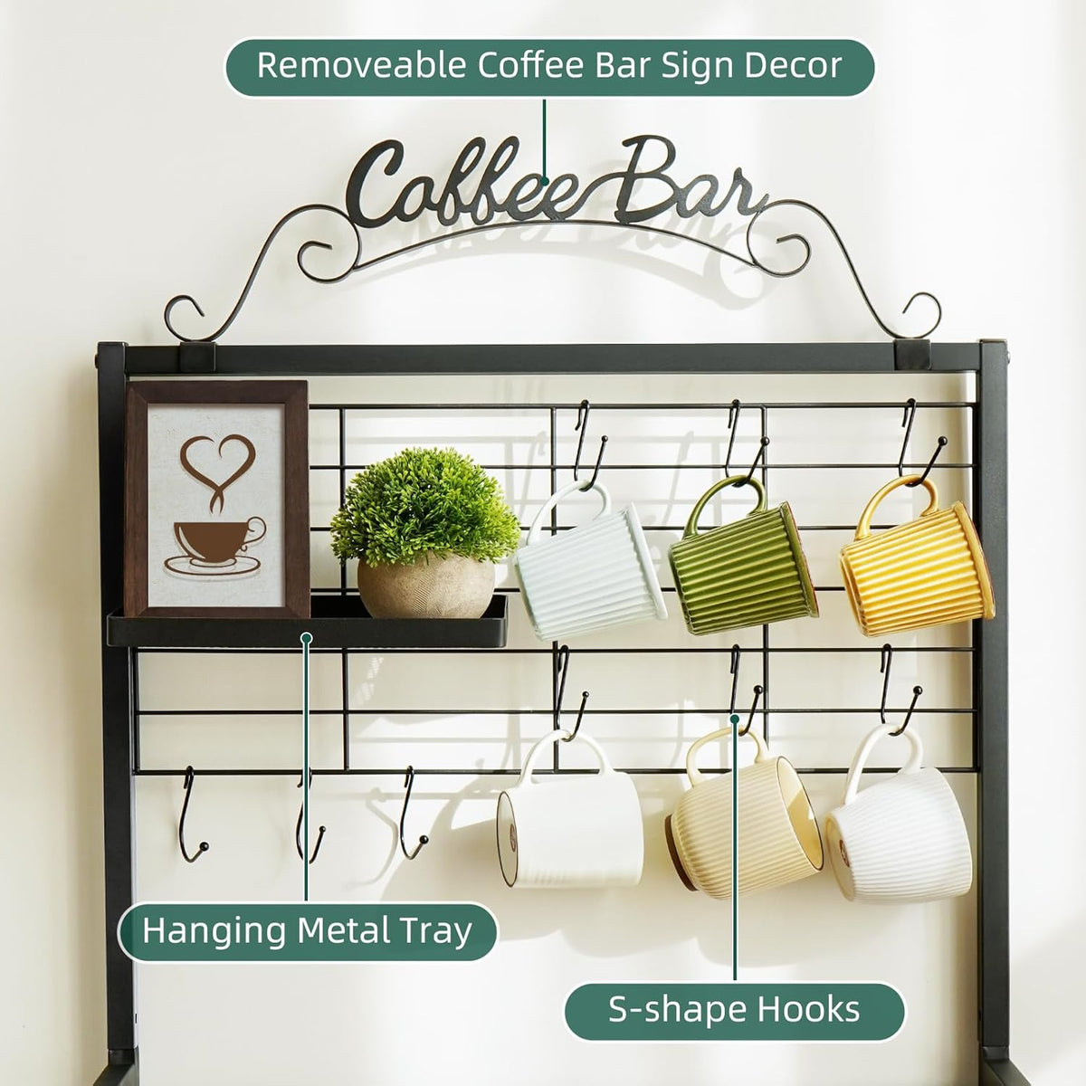 Coffee Bar Cabinet with Storage, Coffee Cart with Wheels, Coffee Station with Coffee Bar Sign and Mug Hook, Corner Coffee Bar Table with Drawer, Bakers Rack for Kitchen Dining Room Living Room Nook