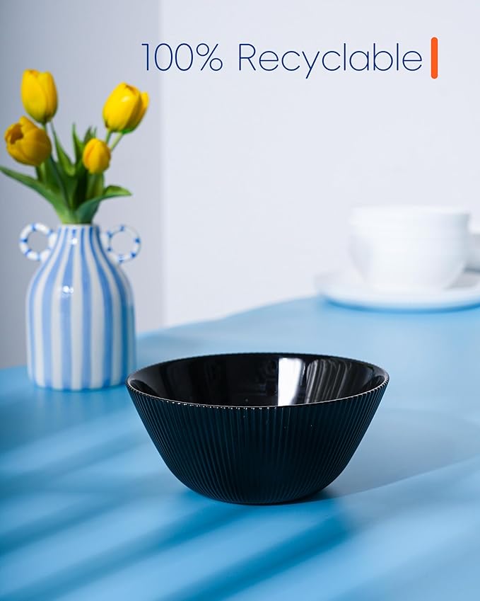 30 OZ Max Cereal Soup Bowl Set of 6, Opal Glass 7.2 inch Black Ribbed Bowls for Ramen, Noodle, Salad, Fruit, Dishwasher and Microwave Safe