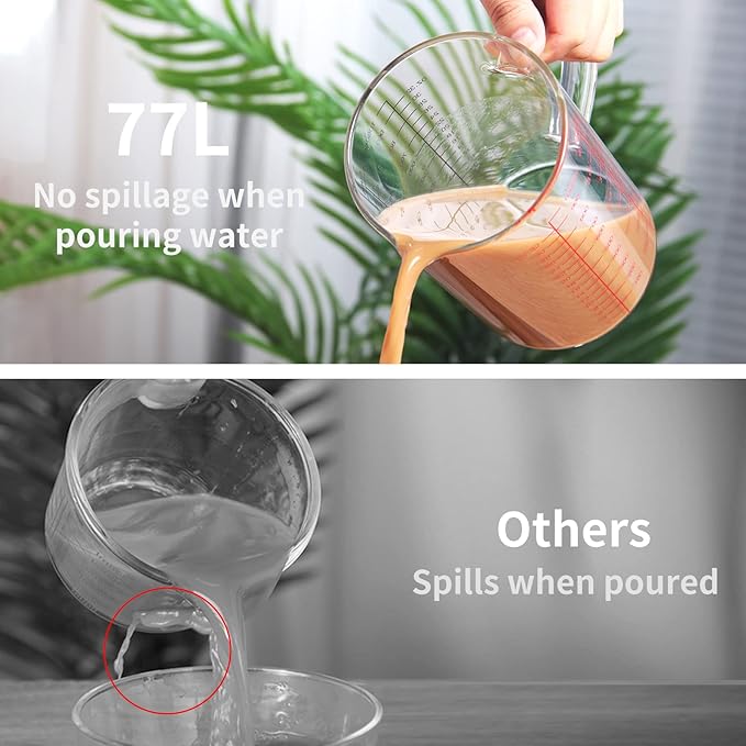 77L Glass Measuring Cup, [Double-Sided Measuring Scale, Insulated handle, V-Shaped Spout], High Borosilicate Glass Measuring Cup for Kitchen or Restaurant, Easy To Read, 1000 ML (1 Liter, 4 Cup)