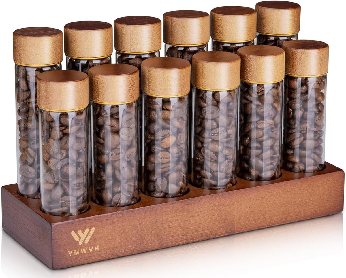 Single Dose Coffee Bean Storage Tubes with Wooden Base and Lids,Set Of 12 Dosing Glass Vials for Coffee Benn Container Cellars, Espresso Bean Canisters Set,6pc- 2 fl oz, 6pc-1.7 fl oz