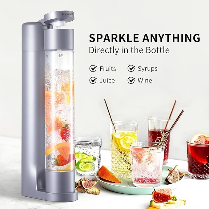 Sparkling Water Machine, Seltzer & Carbonator for Drinks, Soda Steaming Dispenser, Carbonator Machine with 2 BPA Free Bottles, Compatible with Screw-in 60L CO2 Cylinder(NOT Included), GREY