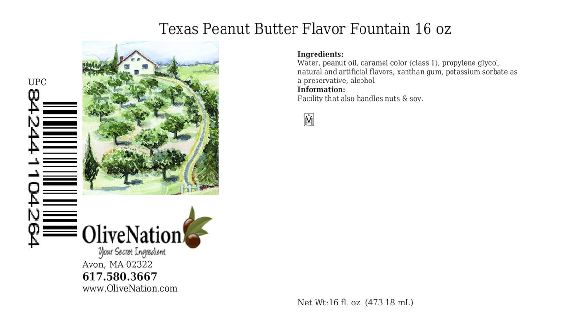 OliveNation Texas Peanut Butter Flavor Fountain, Low Calorie Peanut Butter Flavoring for Beverages & Baking, Kosher, Gluten Free, Sugar-Free - 16 ounces
