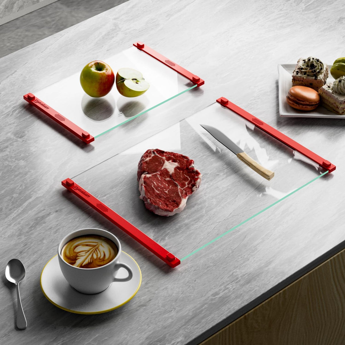 Glass Cutting Board with Silicone Grip, 80% Stronger Shatter Resistance and Slip Resistance,No Scratches/Microplastic-Free,Dishwasher Safe, Non Toxic Cutting Board for Kitchen (Red-12 * 8"&16 * 12")