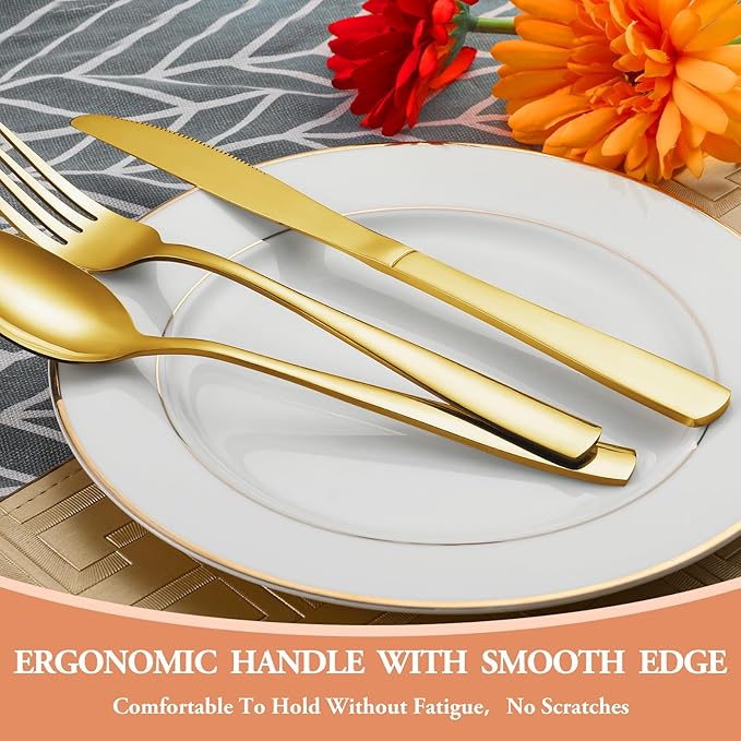 20 Pcs Gold Silverware Set, Stainless Steel Flatware Set for 4, Food-Grade Cutlery Set, Mirror Polished Tableware Eating Utensils Set for Home Kitchen, Include Knife Fork Spoon Set, Dishwasher Safe