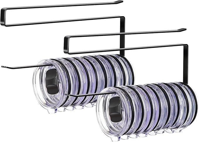 2 Pack Tumbler Lid Organizer, Horizontal Tumbler Lid Storage Hook to Hold Up 20 Lids, Space Saving Cup Lid Holders Under Cabinet Tumbler Lid Hook for Kitchen Organizer, Paper Towel Rack Hanger (Black)