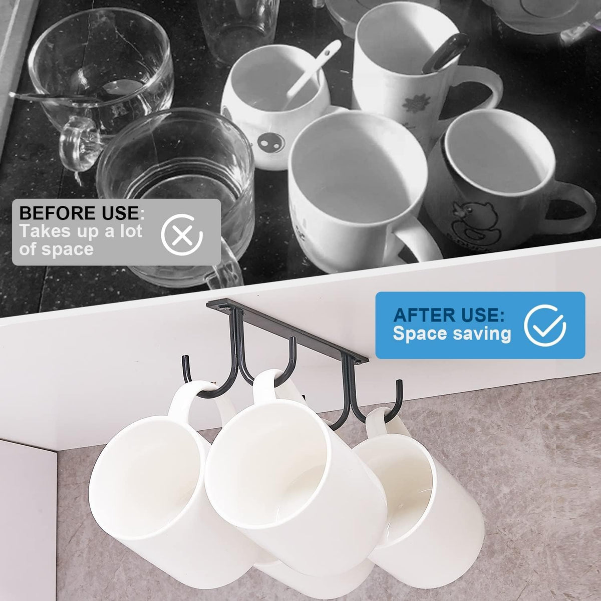 Mug Rack Under Cabinet - Coffee Cup Holder, 12 Mugs Hooks Under Shelf, Display Hanging Cups Drying Hook for Bar Kitchen Utensils Black