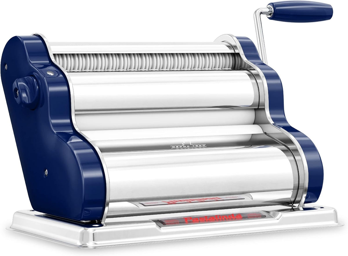 PASTALINDA Classic 260 Pasta Maker Machine, 26 cm Wide Rollers, 9 Thickness Positions, 2 Cutting Positions, Stainless Steel. Includes Reinforced Hand Crank And Two Clamps (Navy blue)