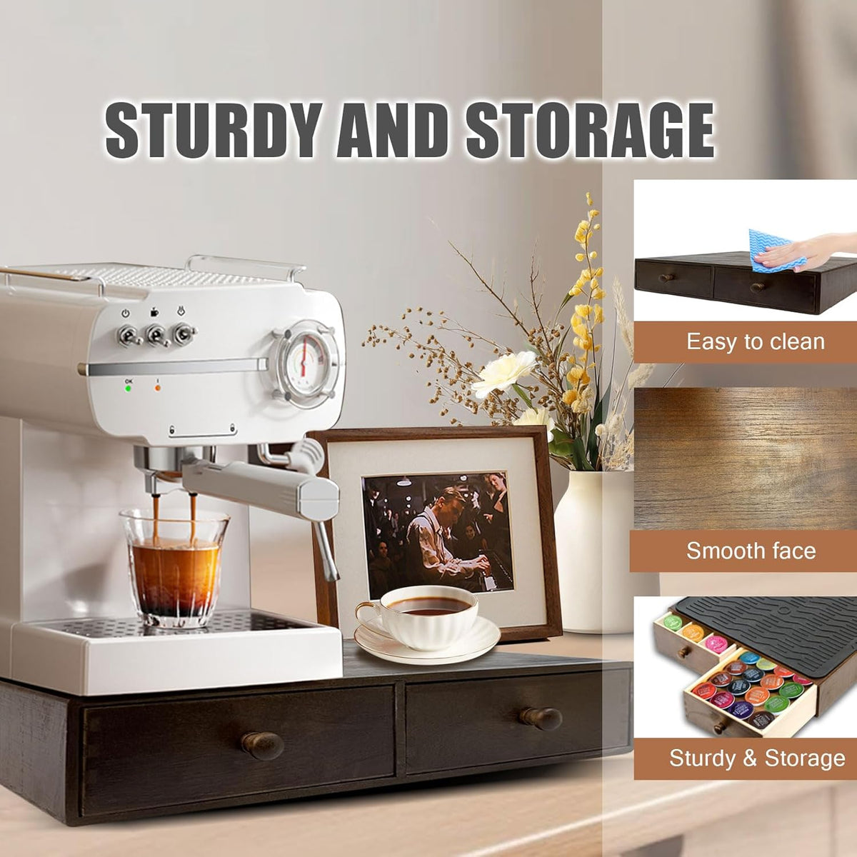 Wooden Coffee Pod Holder with Silicone Non-Slip Pad, Coffee Storage K Cup Organizer for Countertop, K Cup Drawer and Tea Organizer for Counter, Coffee Station Organizer (30 Pod Capacity)