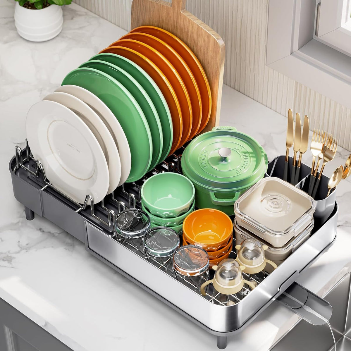 Dish Drying Rack for Kitchen Counter, 304 Stainless Steel Dish Rack, Expandable Dish Drainer, Foldable Dish Strainer, Extendable Dish Drainer Rack with Cutlery Holder, Kitchen Plate Rack