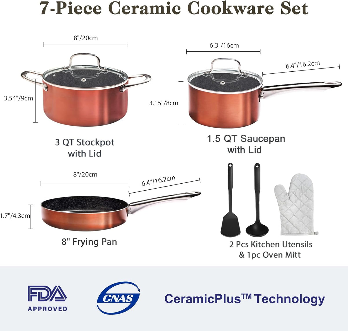 Pots and Pans Set Non Stick, 7 Piece Ceramic Cookware Set, Non Toxic Kitchen Induction Cookware Sets, Pots and Pans Cooking Set with Oven Safe Handle, 100% PFOA Free, Copper