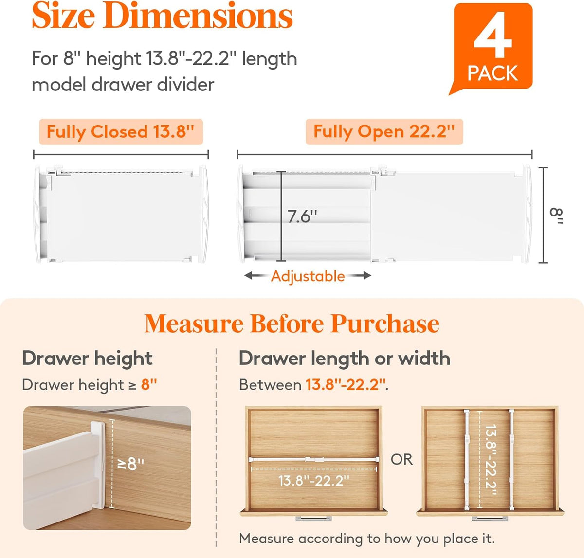 Lifewit 4 Pack Deep Drawer Dividers 8" High, 13.8-22.5" Adjustable Dresser Drawer Divider, Plastic Drawer Organizer for Clothes, Tall Drawers Separators for Dresser, Kitchen, Bedroom, Bathroom, Office
