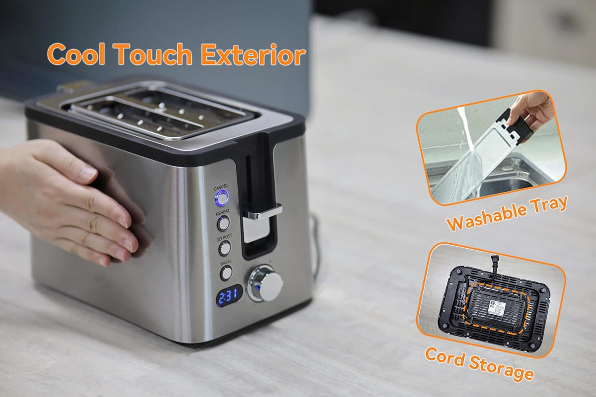 Mecity Toaster 2 Slice Stainless Steel with Countdown Timer, Bagel / Defrost / Reheat / Cancel Functions,Warming Rack, Removable Crumb Tray, 6 Browning Settings, Extra Wide Long Slots, Bread Toaster, 800 Watts