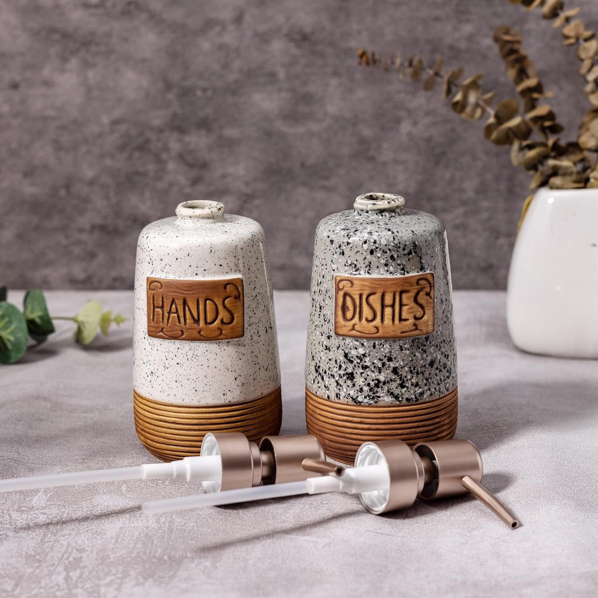 Hand and Dish Soap Dispenser Set, Farmhouse Ceramic Soap Dispenser for Kitchen Sink, 15 OZ Vintage Hand Wash Liquid Dispenser for Bathroom Rustic Boho Modern Kitchen Decor Accessories