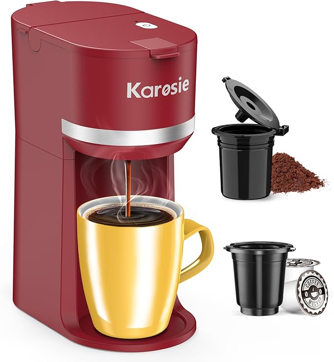 Single Serve Coffee Maker for K-Cup and Ground Coffee, Fast Brew, 6-12 oz Brew Sizes One Cup Coffee Machine Fits 5.5" Mugs, One-Button Small Coffee Maker with Descaling Reminder, Red