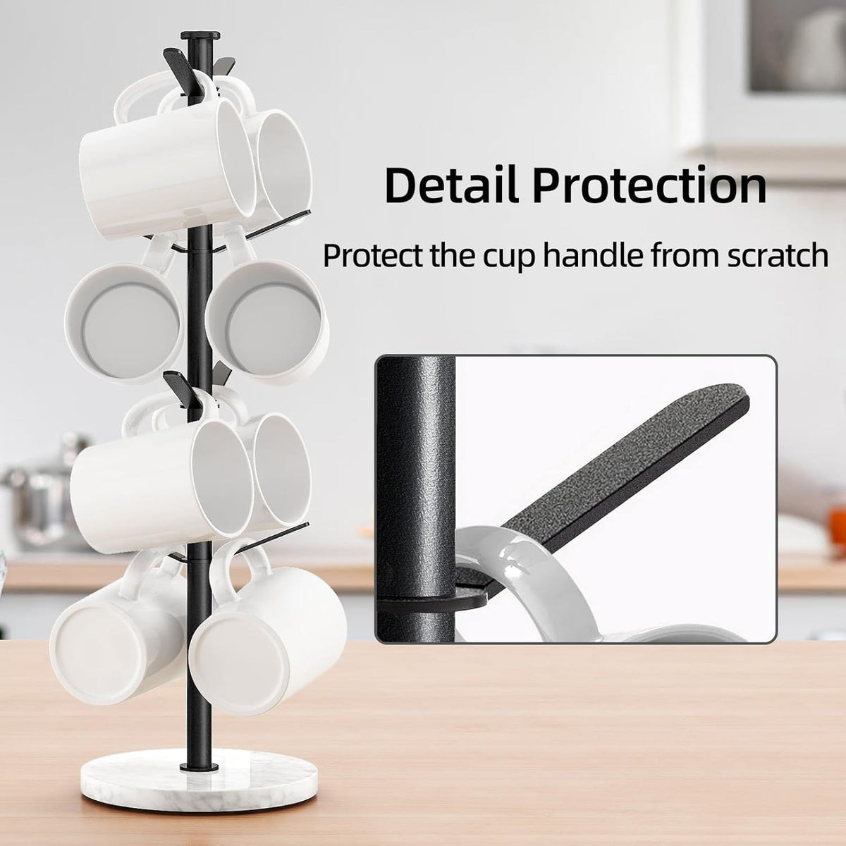 Marble Mug Holder Tree, 8 Hooks Coffee Cups Stand, New Upgraded Stable Mug Stand for Kitchen Counter Cabinet Cafe Black