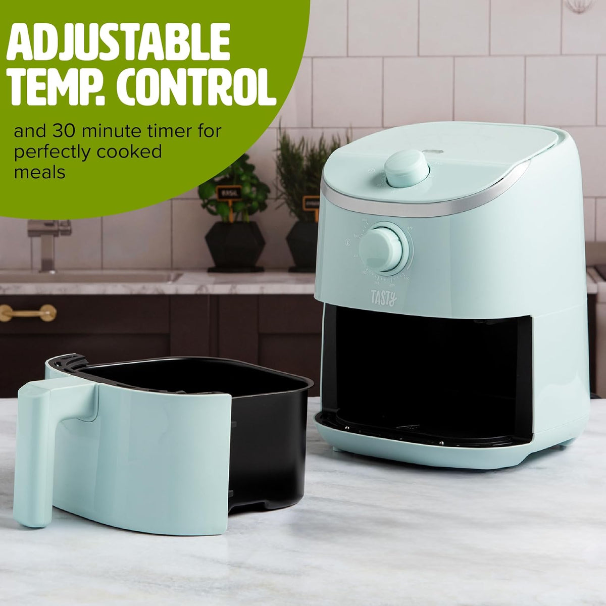 Tasty Personal Air Fryer, Healthier Meals in Minutes, Adjustable Temp Control up to 400°F, Easy-to-Use Design, Nonstick Basket and Tray Made without PFAS, PFOA, PFOS & PTFE, 900 Watts, 2-Quart, Aqua